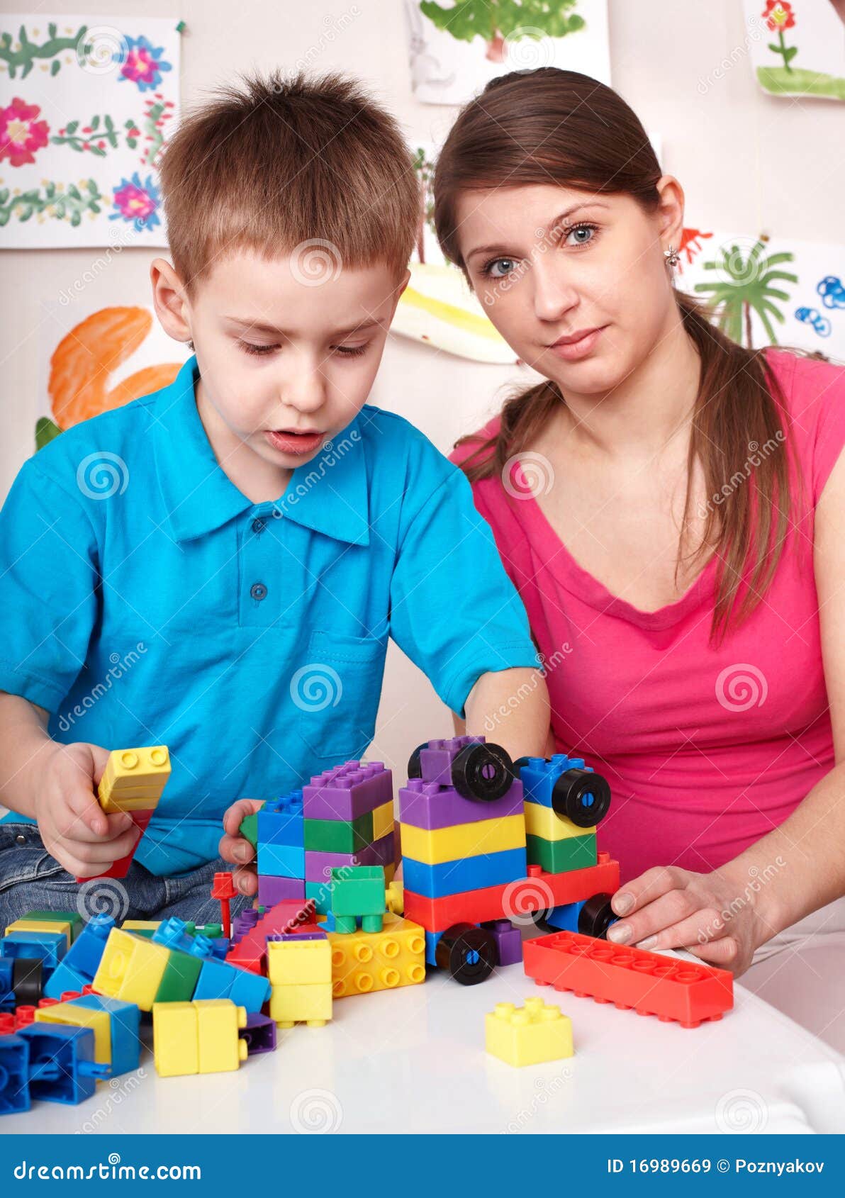Child Playing Lego Block with Mother at Home. Stock Image Image of