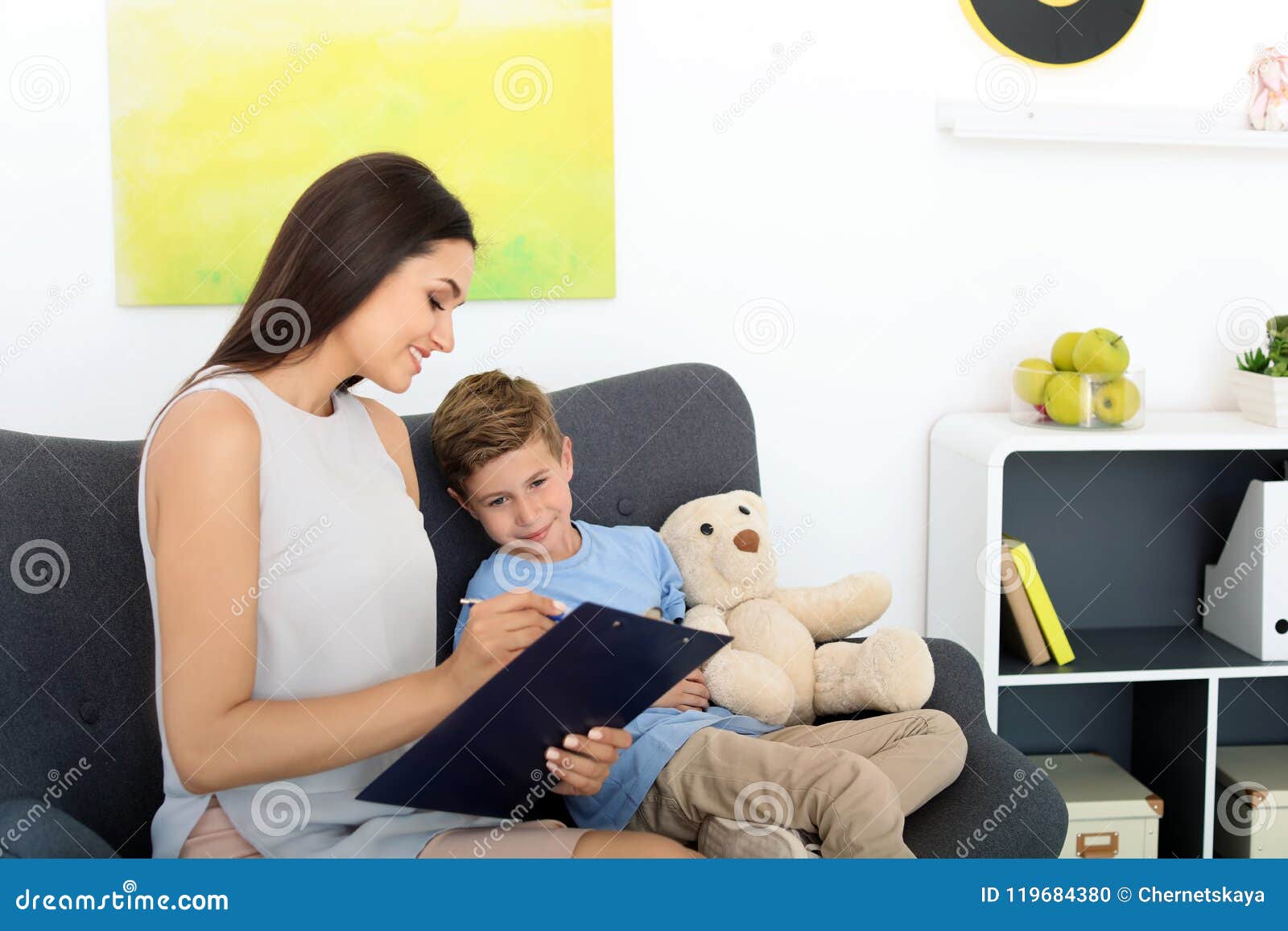 Child Psychologist Working with Boy in Office Stock Photo Image of