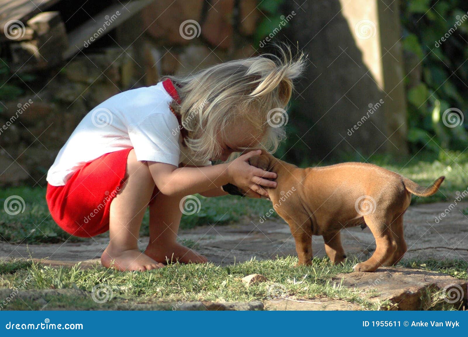 child and puppy pet