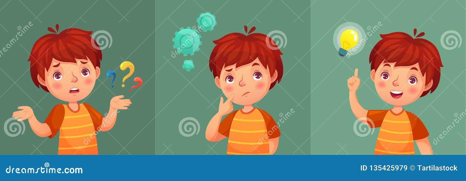child question. thoughtful young boy ask question, confused kid and understand or found answer cartoon  portrait