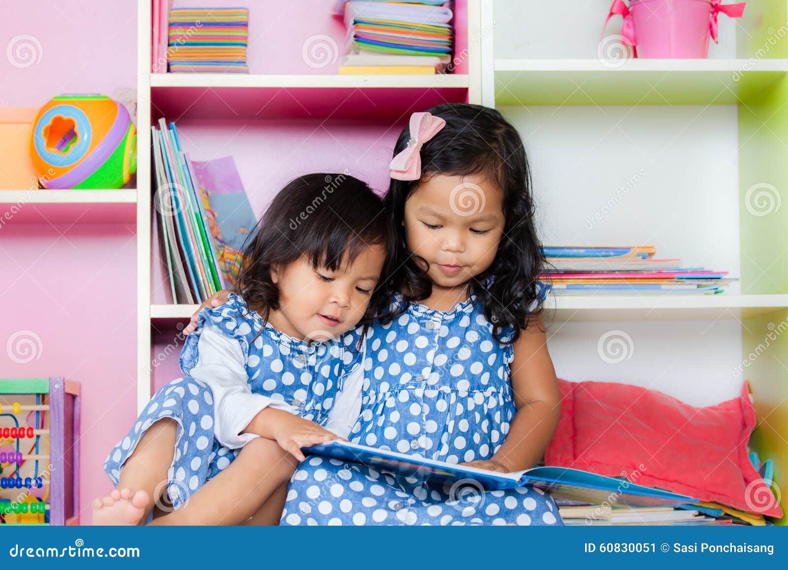 Child Read Two Cute Little Girls Reading Book Together Stock