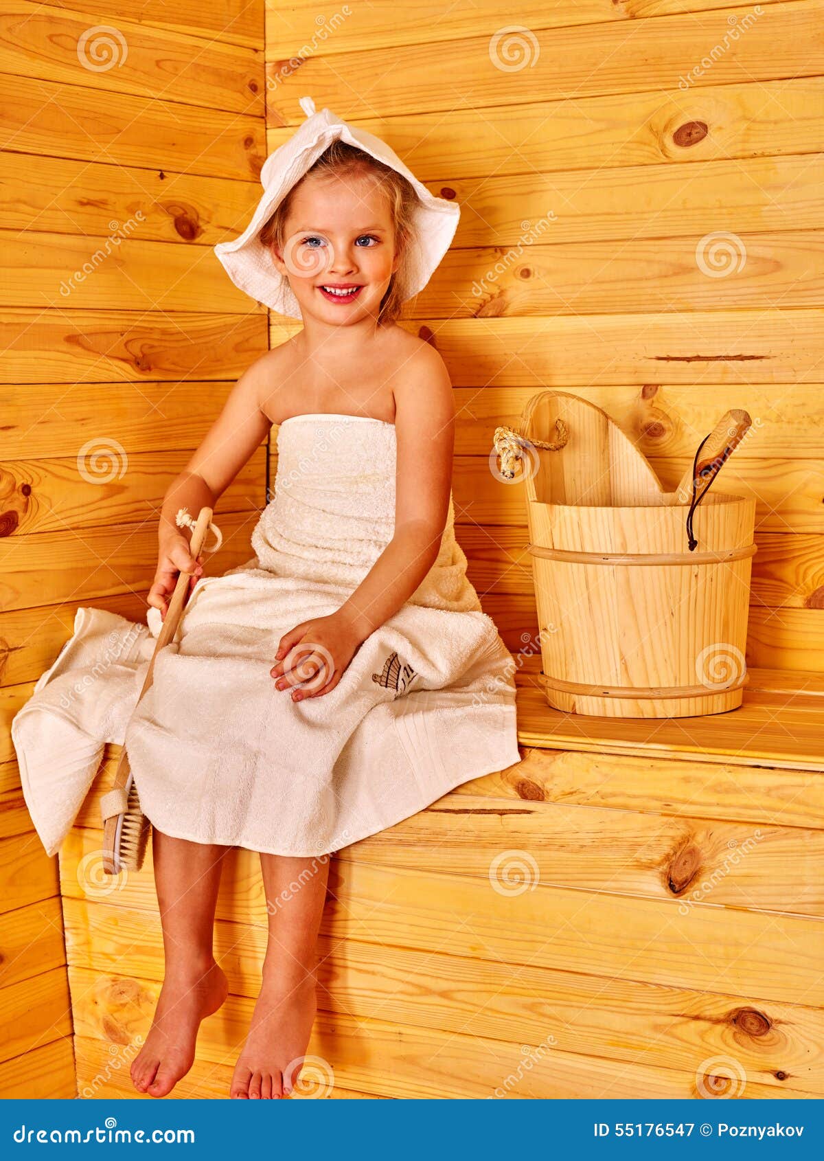 Beauty, healthcare. baby Boy relaxing in the sauna Toddler with broom and  hat in russian sauna or bath Stock Photo