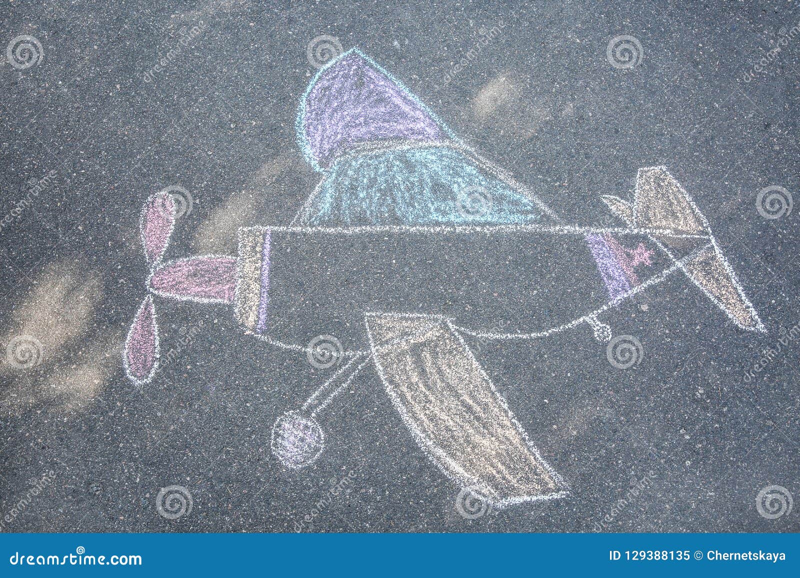 Child`s Chalk Drawing of Airplane on Asphalt Stock Illustration