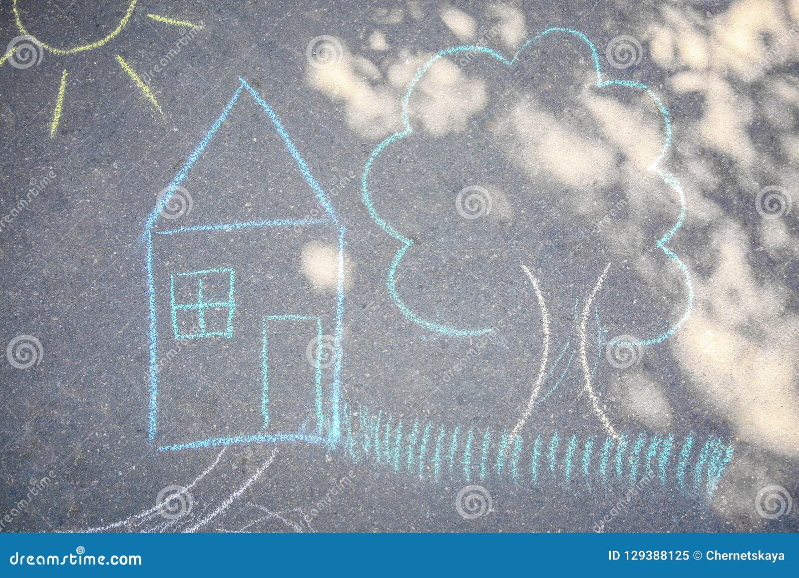Child Chalk Drawing House Tree Asphalt Top Stock Illustrations 1