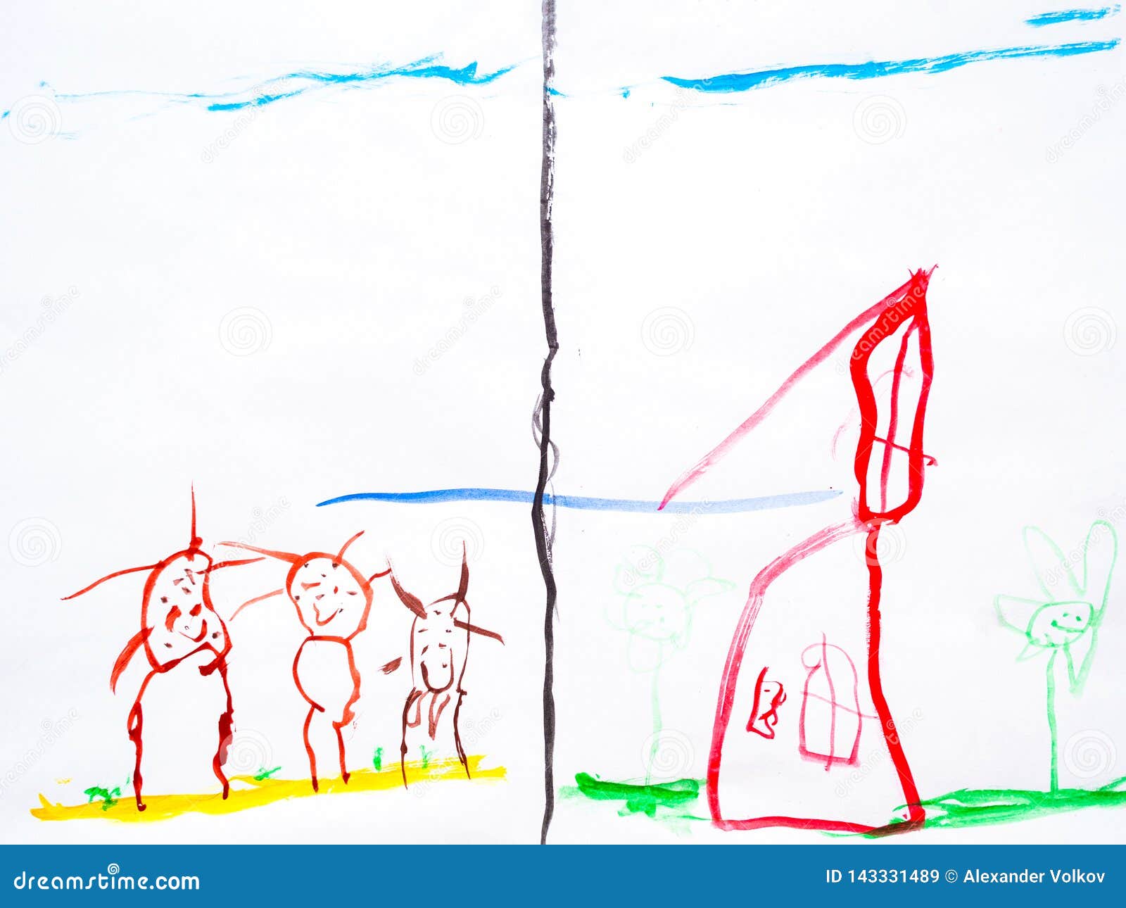 Child`s Drawing House and Animals Stock Illustration - Illustration of