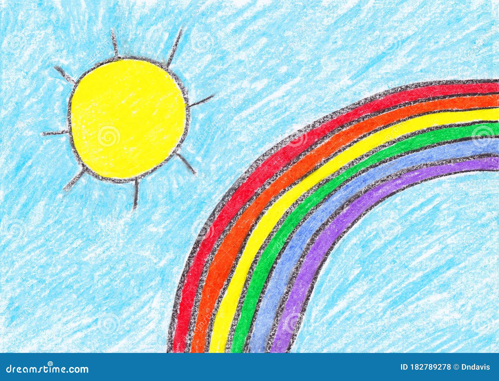 Child`s Drawing of the Sun and a Rainbow Stock Illustration