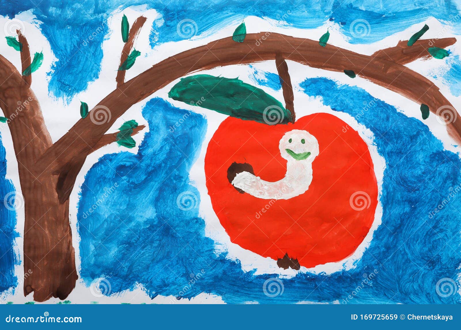 Child`s Painting of Apple with Worm Stock Image - Image of handmade,  childs: 169725659