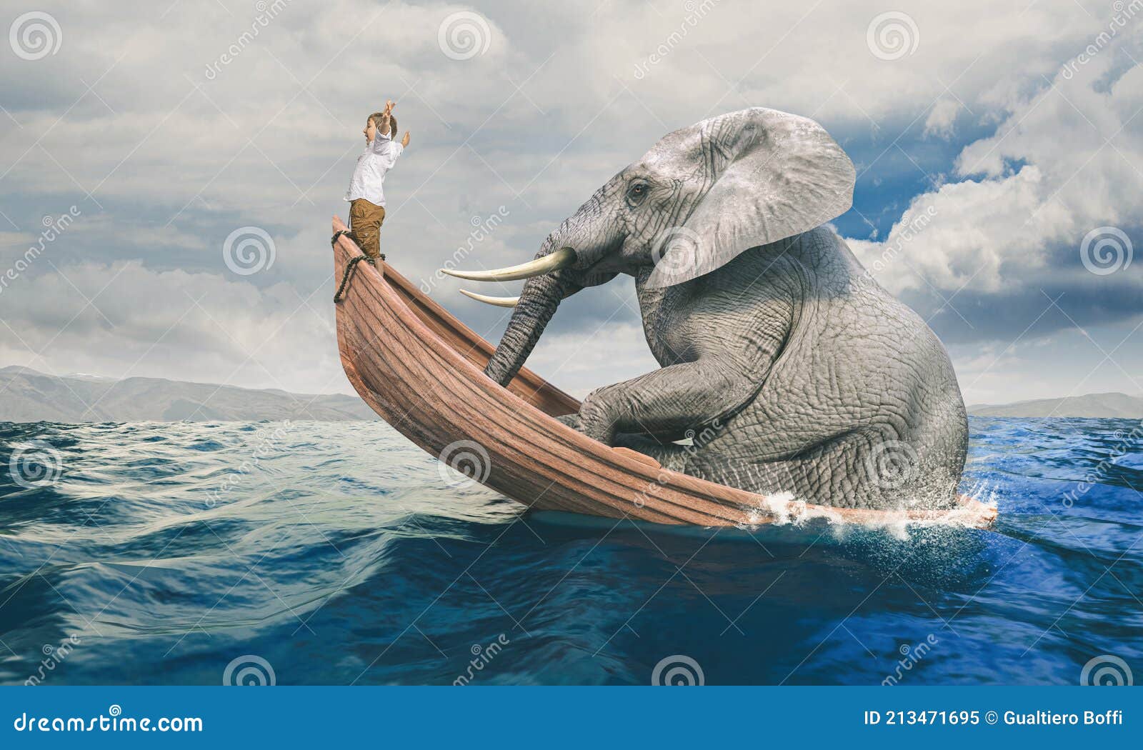 Child on a Shared Boat with a Big Elephant Stock Image Image of child