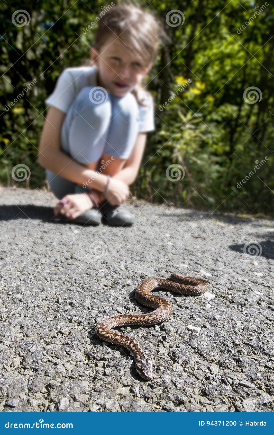 child siting close of poison snake