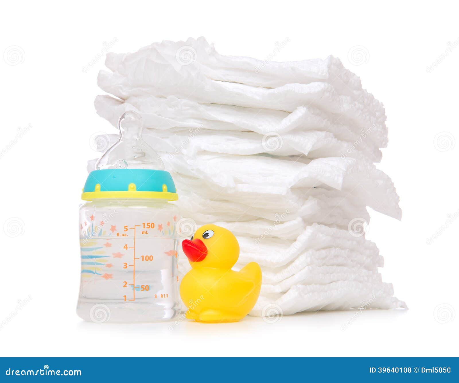 Child Stack of Diapers Bottle with Water Duck Stock Photo - Image of ...