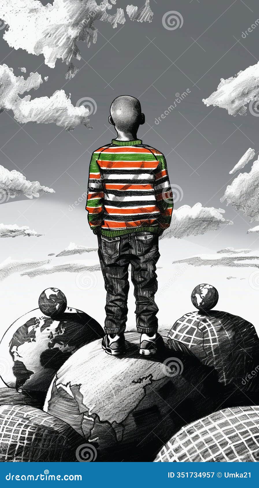 child standing on globes: artistic representation of global unity and exploration