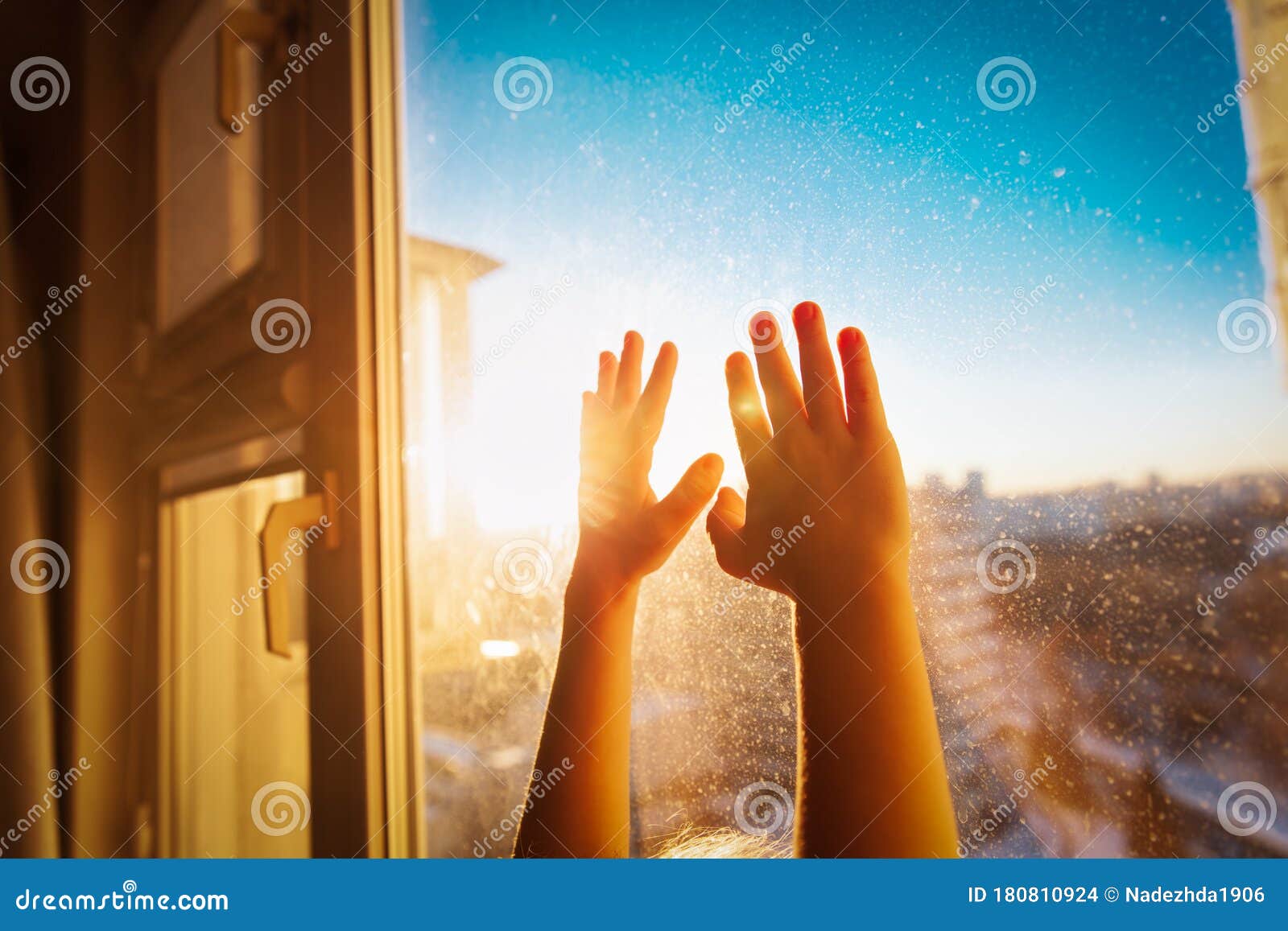 child stay home, kids on lockdown concept, baby hands on the window