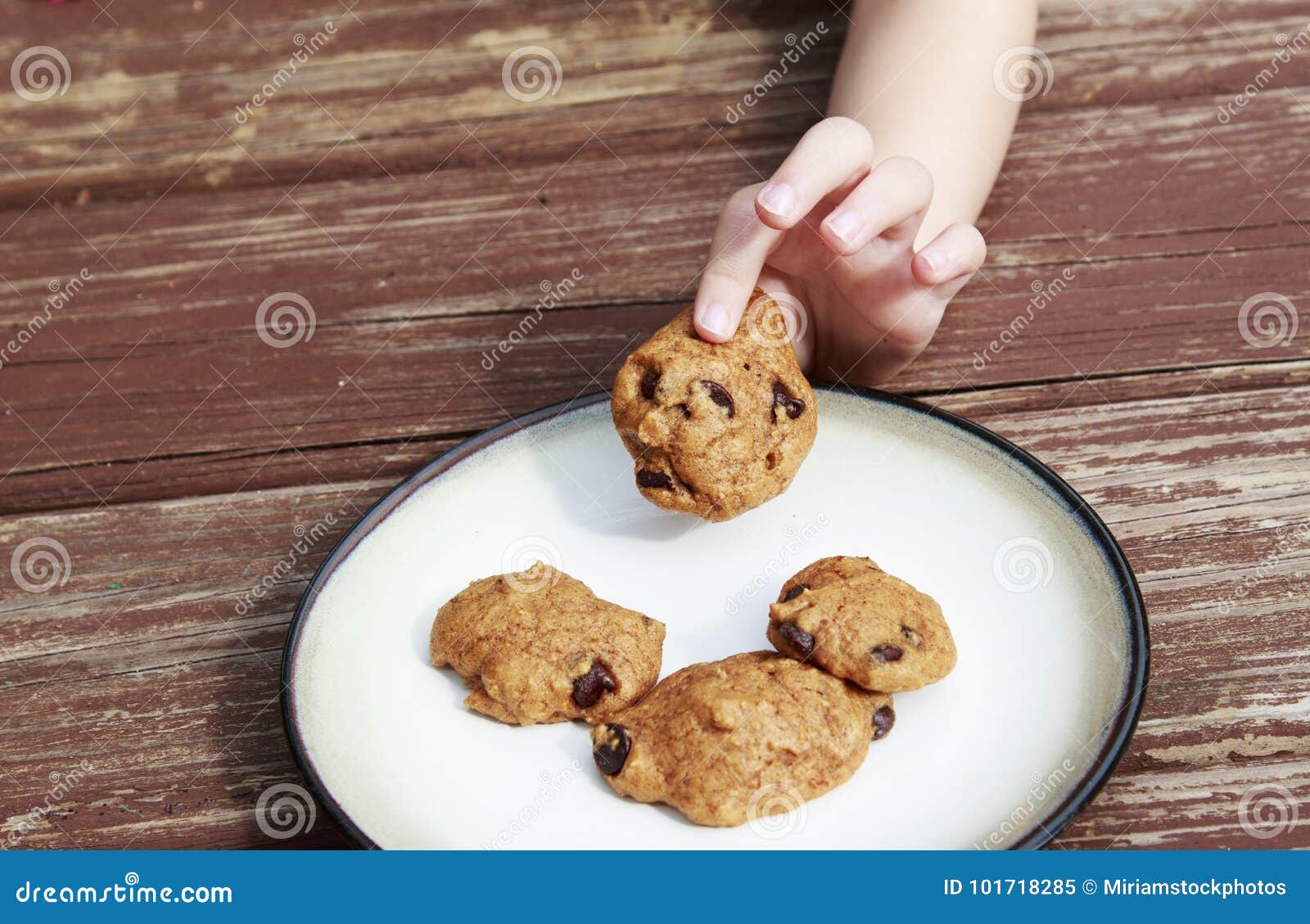 child stealing a pumpkin chocolate chip cookie from a plate.