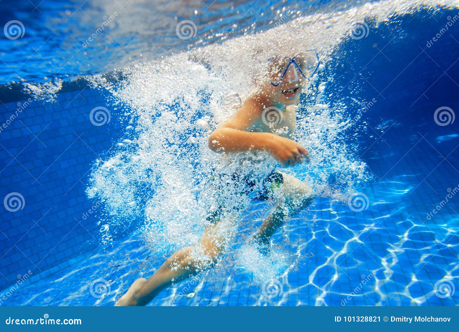 Kids In Snorkeling Mask Dive Underwater In Blue Sea Lagoon 