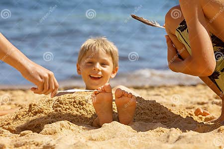 Child, Tickling Sibling on the Beach on the Feet with Feather, Kid