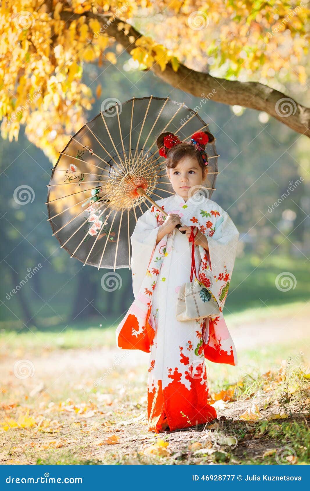 Child In Traditional Japanese Kimono With Umbrella Stock 