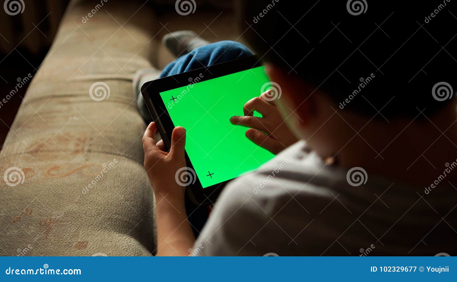 Child Using a Digital Tablet PC with Green Screen Stock Image Image