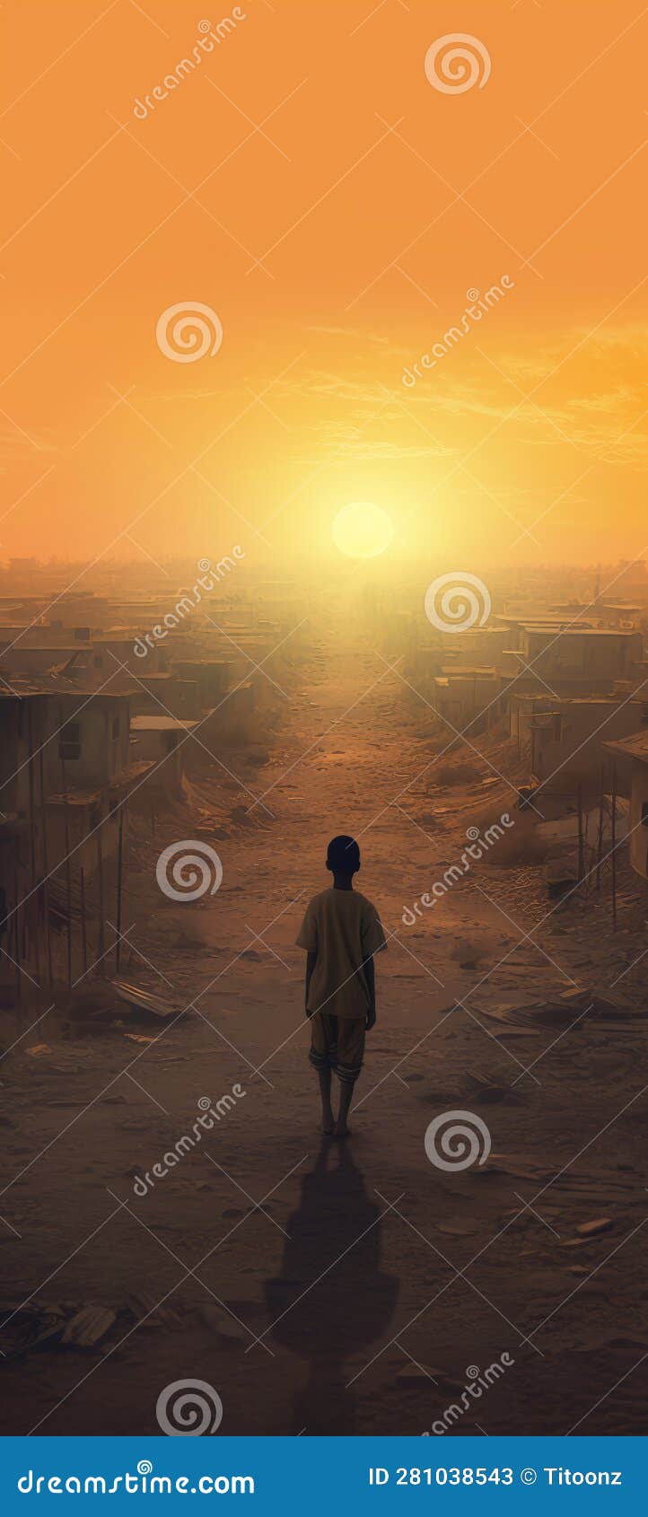 a child watching the sunset in a village on an arid land completely dried up by climate change