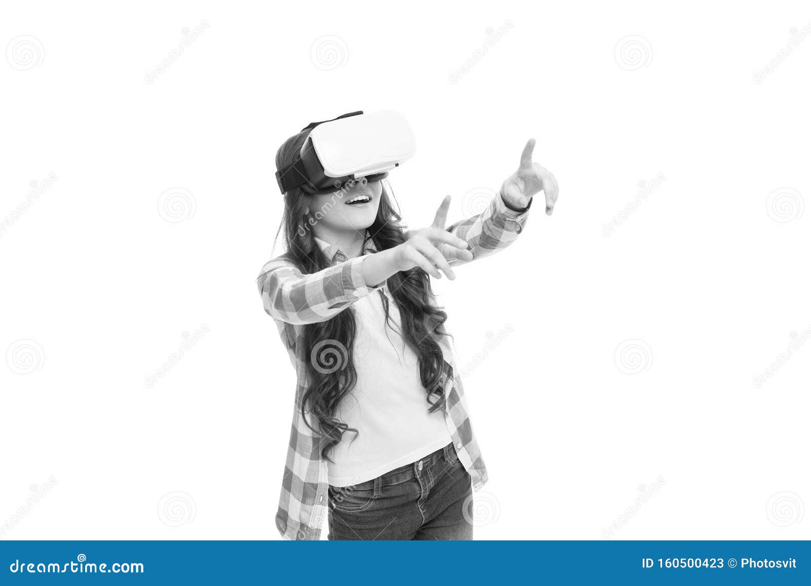 child wear hmd explore virtual or augmented reality. future technology. girl interact cyber reality. play cyber game and