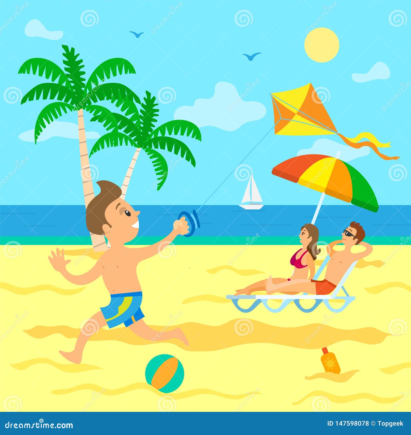 Child with Wind Kite, Parent Relaxing on Beach Stock Vector ...