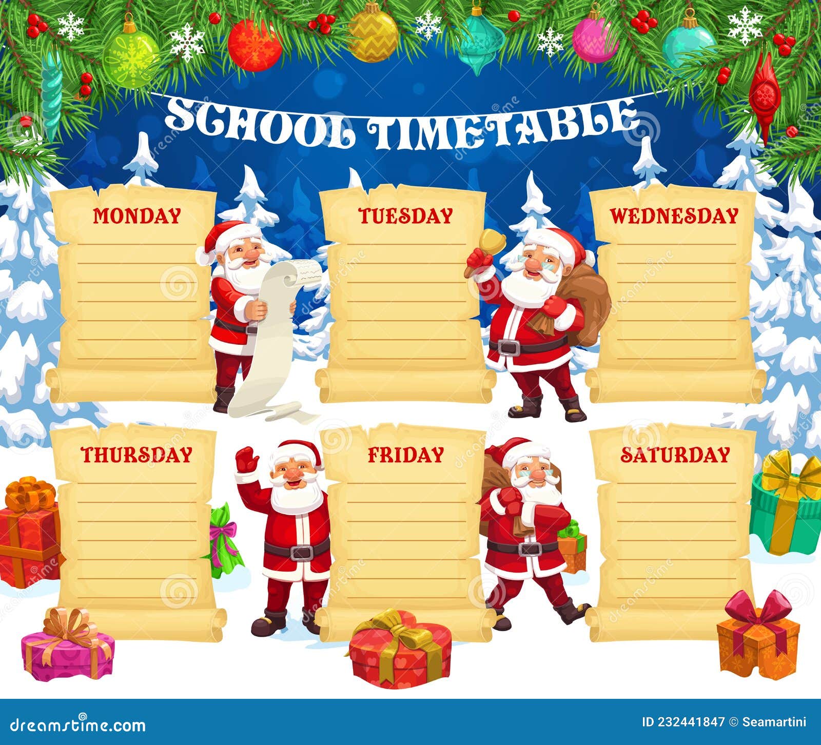 Child Winter Holiday Timetable Template with Santa Stock Vector Child Winter Holiday Timetable Template with Santa Stock Vector