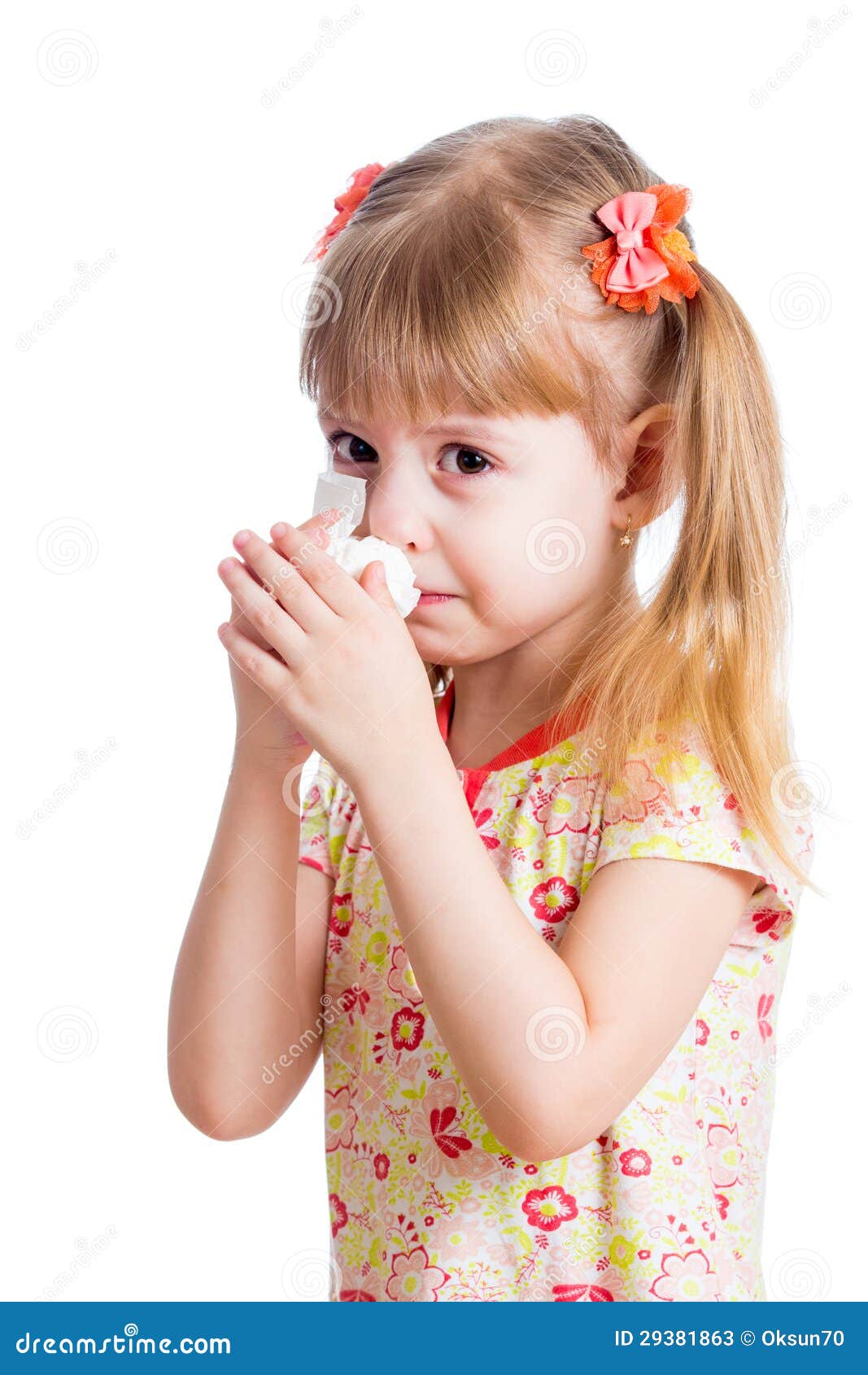 Child Wiping or Cleaning Nose with Tissue Isolated on White Stock Image