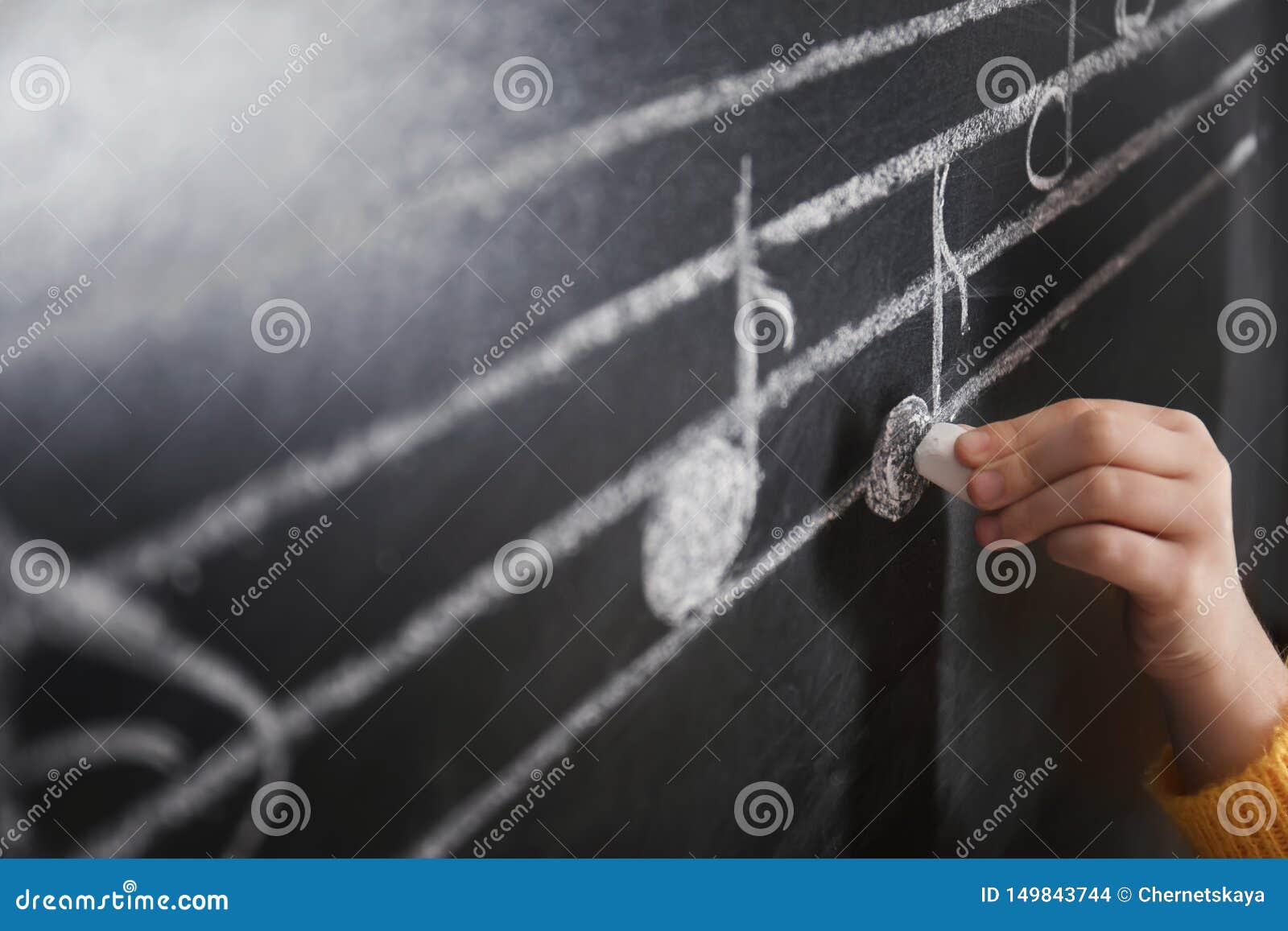 Child Writing Music Notes on Blackboard Stock Photo Image of