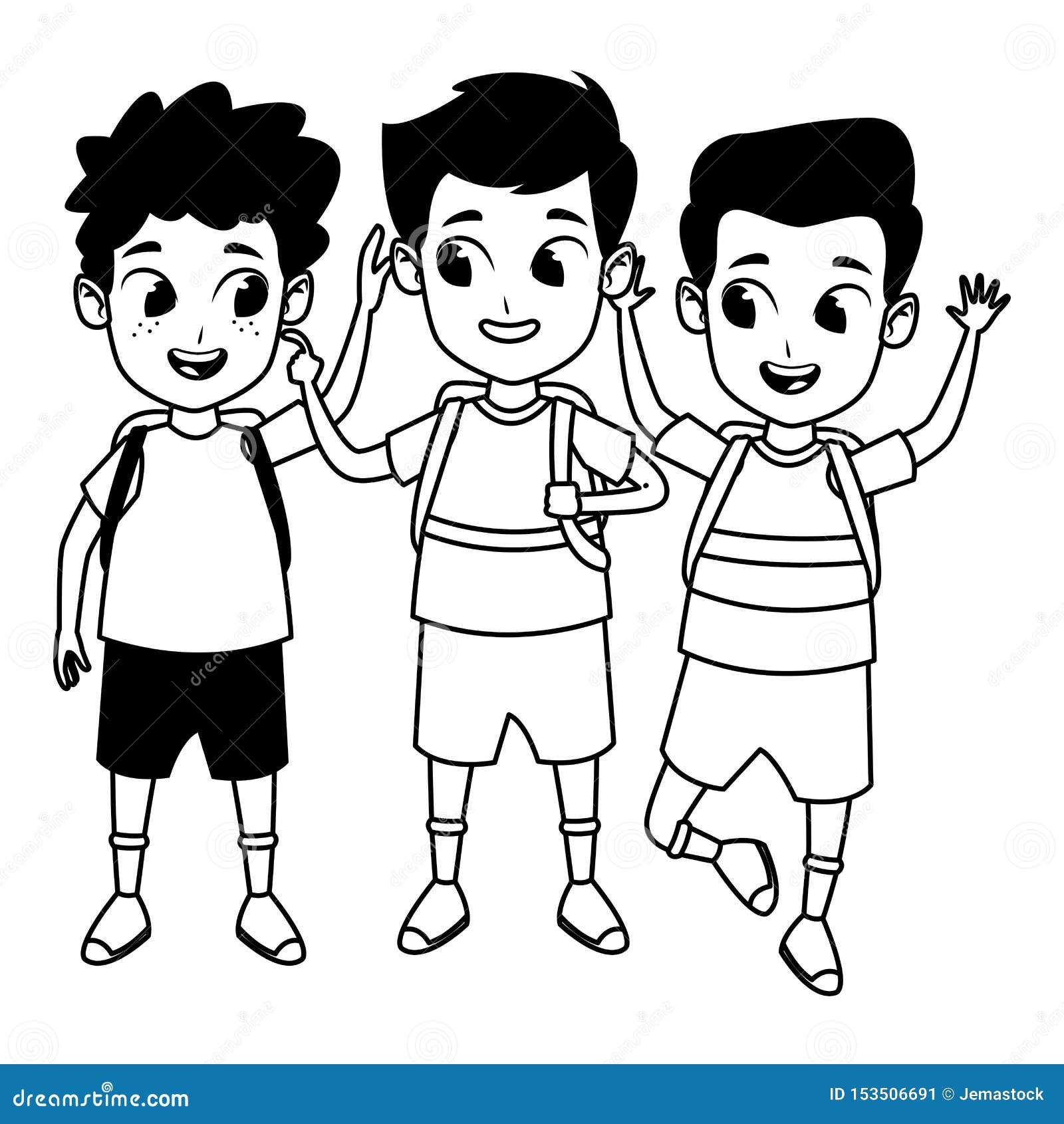 Childhood Adorable School Students Cartoon in Black and White Stock Vector  - Illustration of vector, together: 153506691