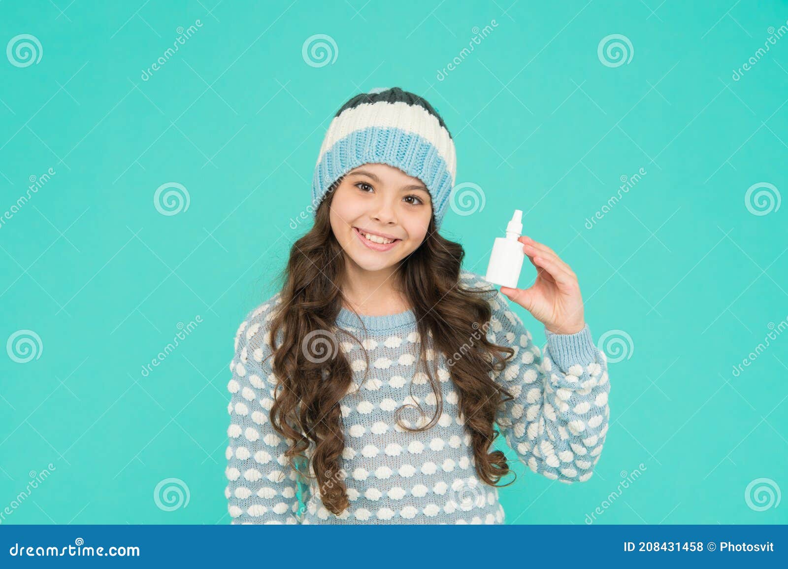 childhood healthcare. teen girl with nasal spray. no addiction to medicals. kid in warm sweater