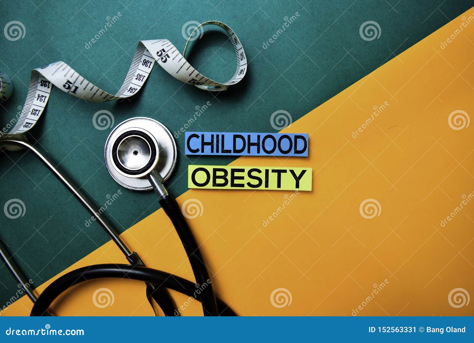 childhood obesity text on top view color table and healthcare/medical concept