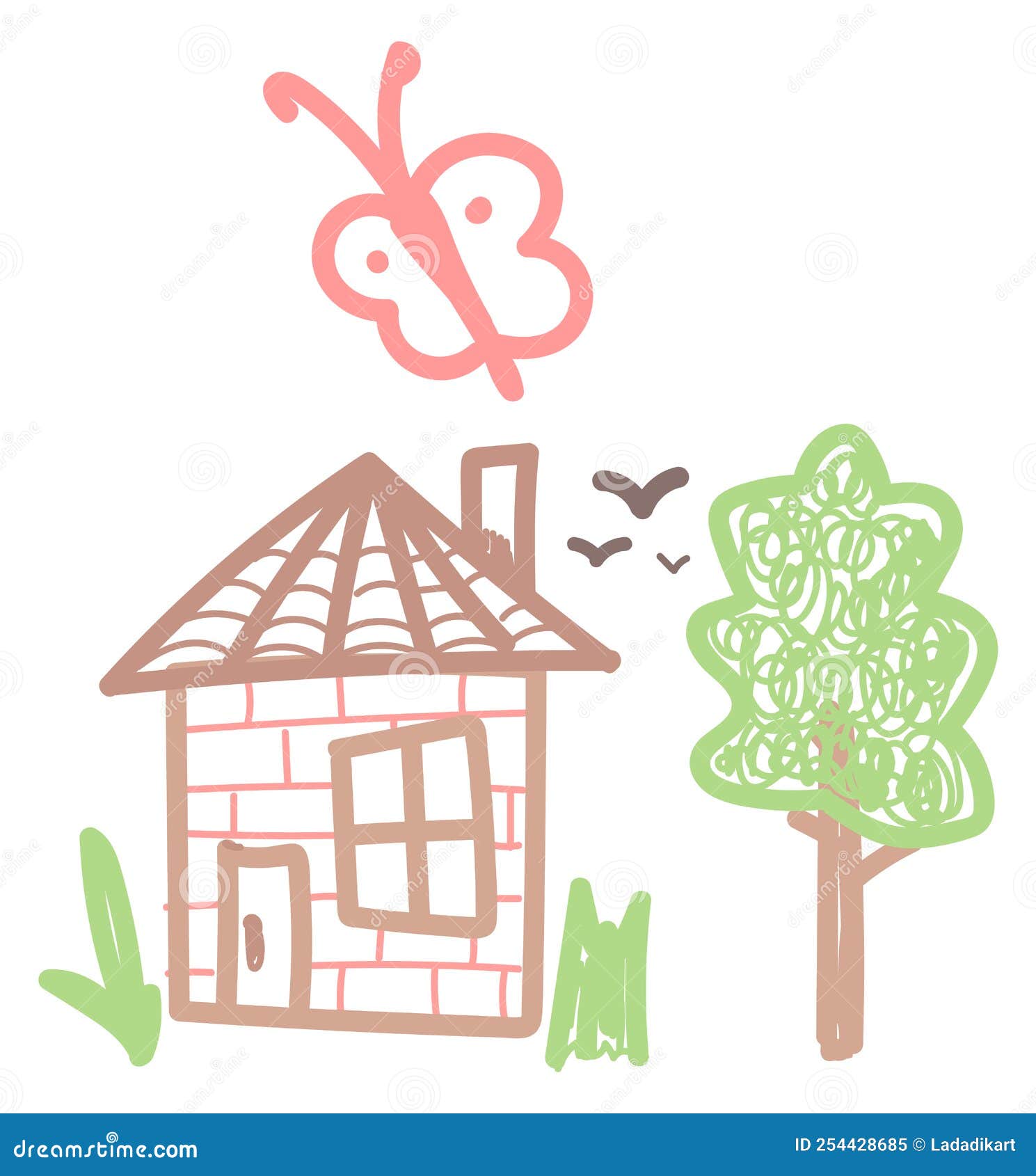 Childish Crayon Drawing. House with Tree in Summer Stock Vector