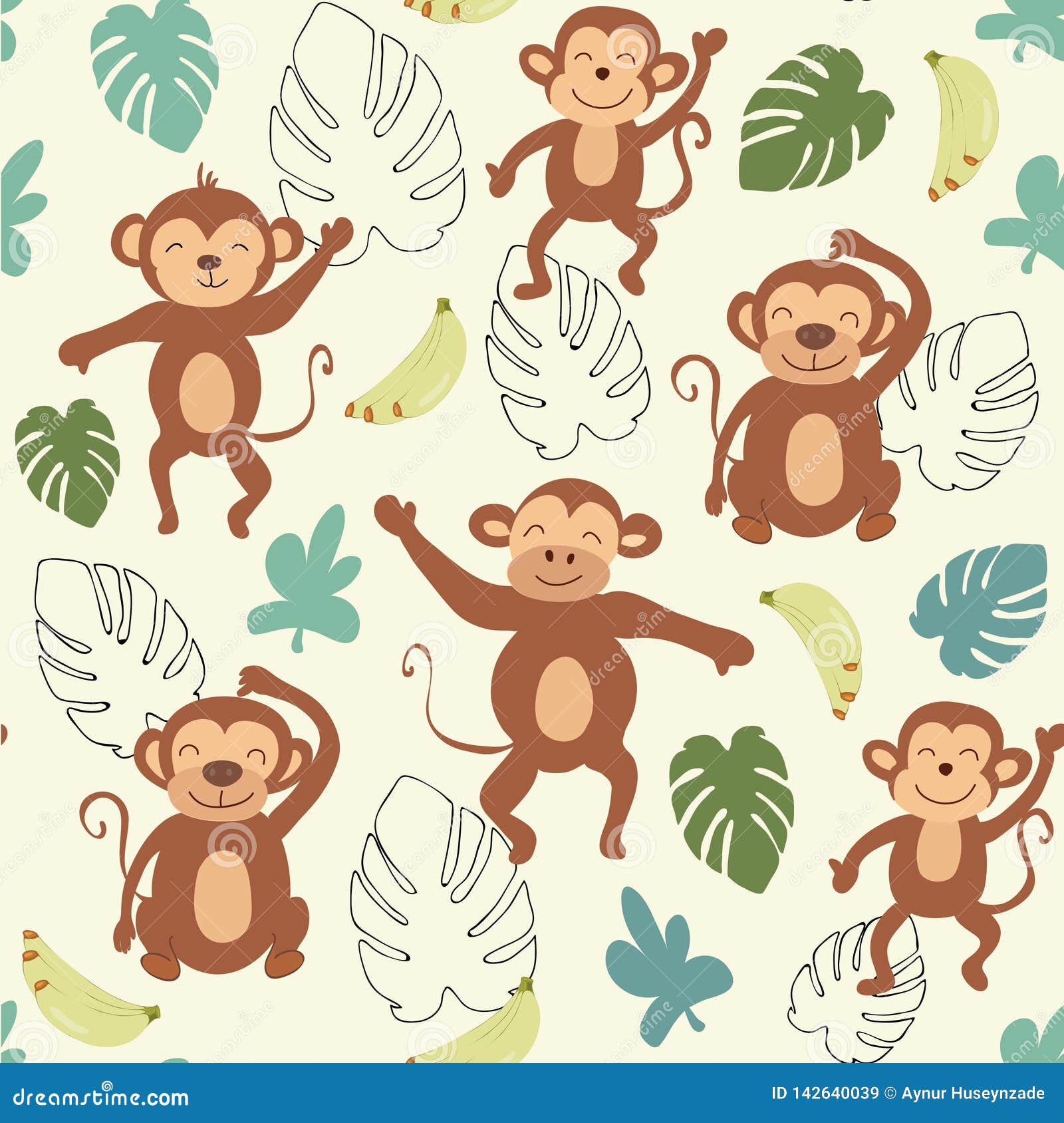 Childish Jungle Texture with Monkeys and Jungle Elements. Seamless ...