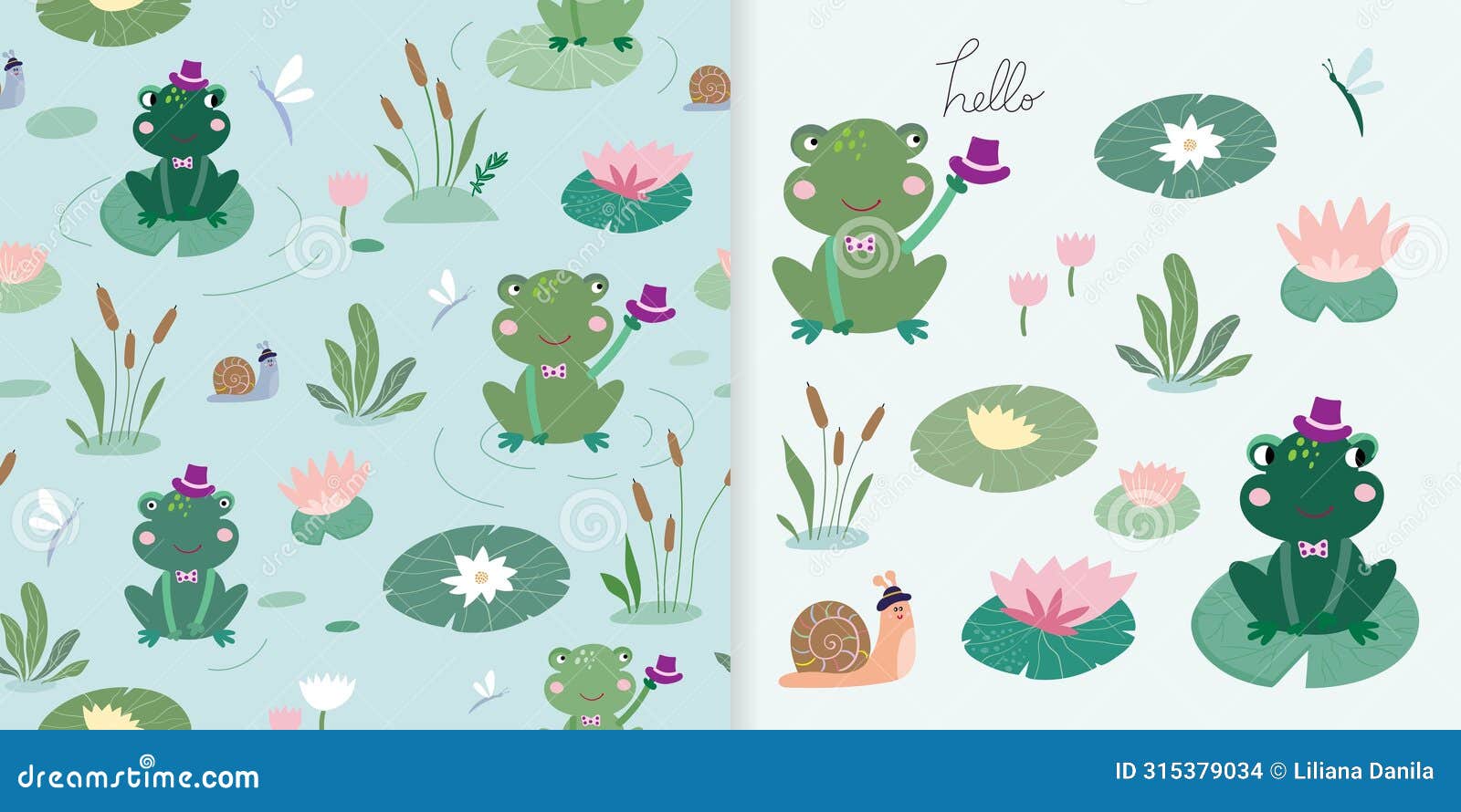 childish set with cute seamless pattern and s, frogs on lake