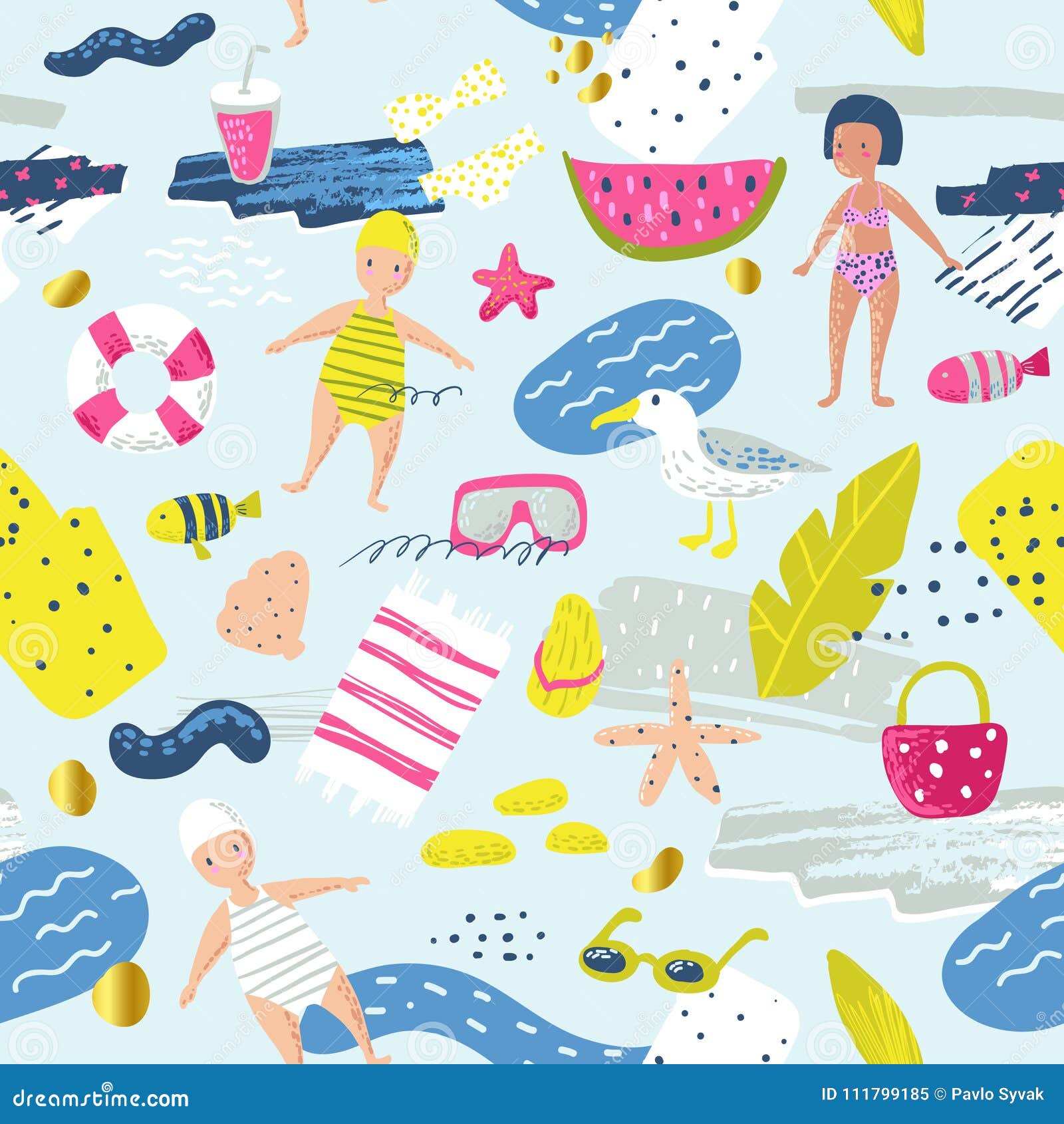 Childish Summer Beach Vacation Seamless Pattern with Kids, Fish and Bird.  Cute Background for Fabric, Decor, Wallpaper Stock Vector - Illustration of  child, blue: 111799185