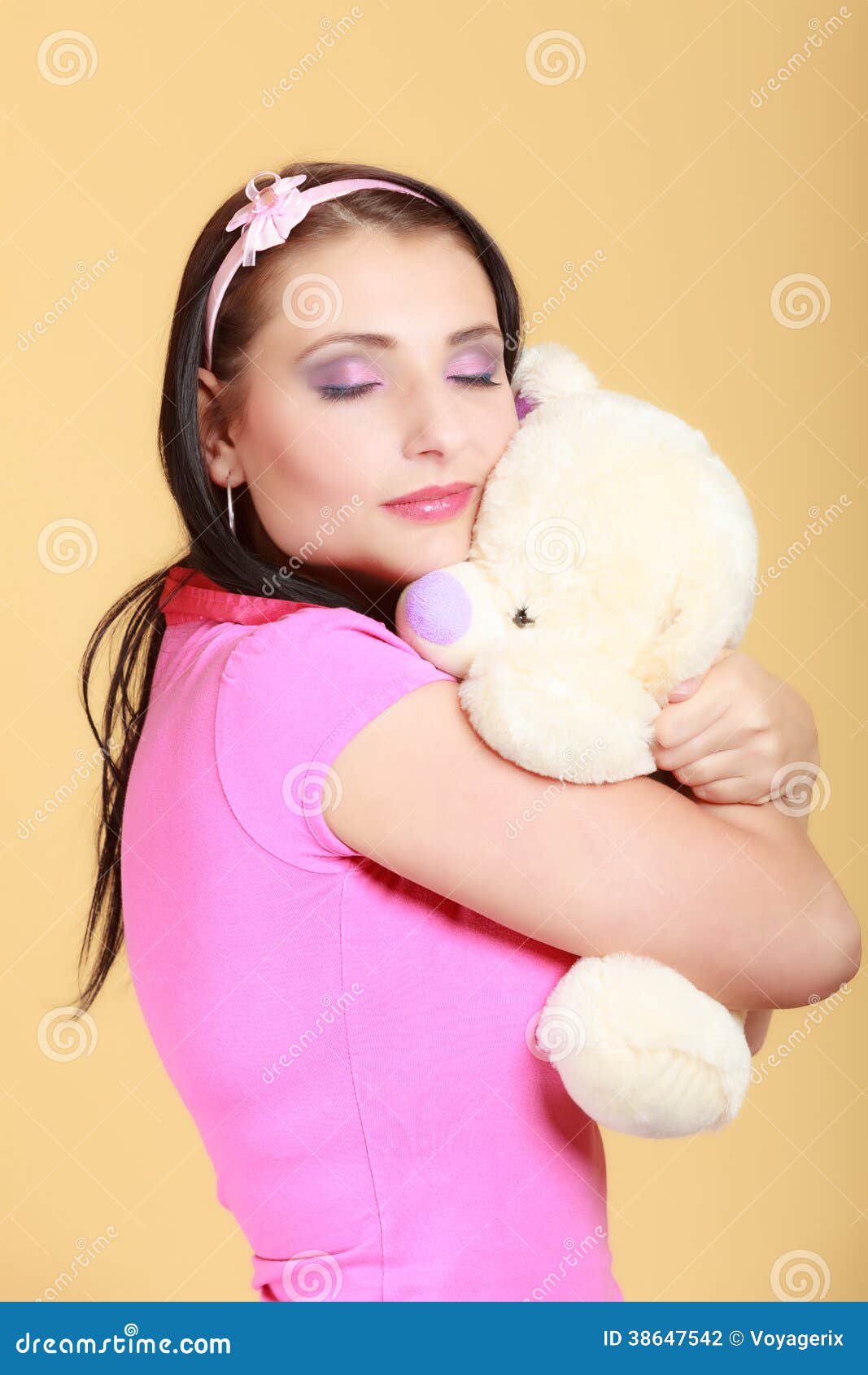 childish woman infantile girl hugging teddy bear