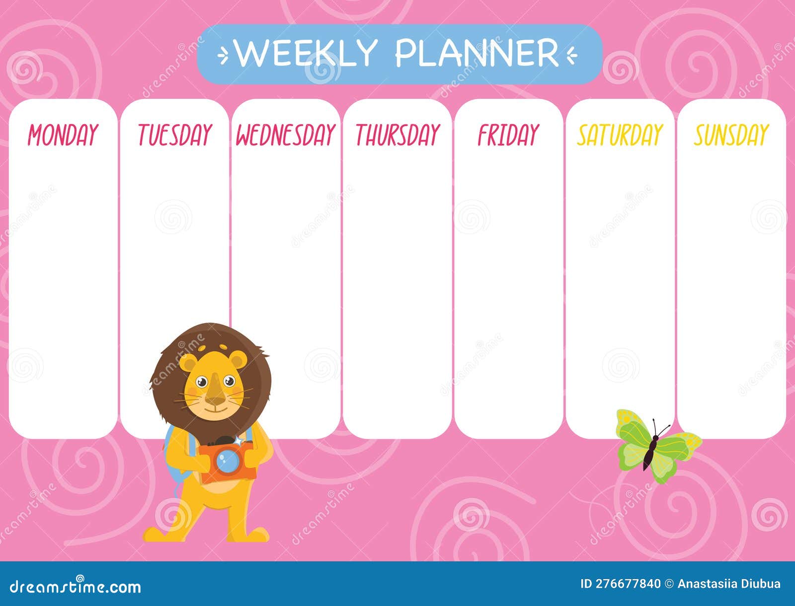 childishly cute week planner. horizontal. with a cute lion with a camera and a butterfly.