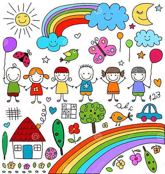 Childlike drawings set stock vector. Illustration of graphic - 52053222