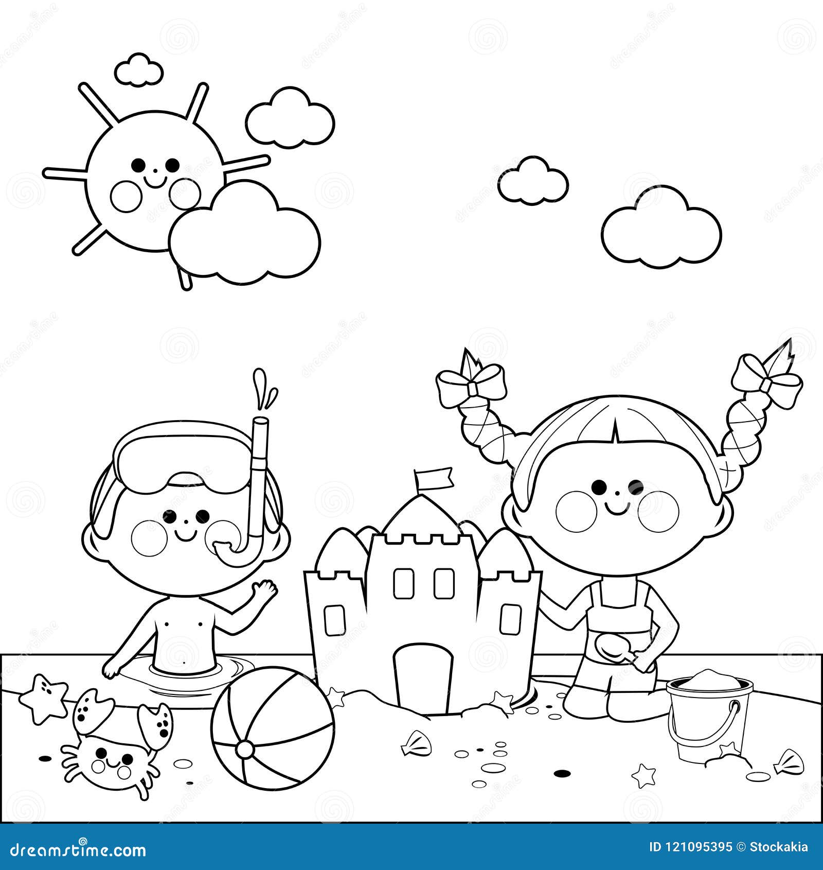 Download Children At The Beach Swimming And Building A Sandcastle. Black And White Coloring Book Page ...