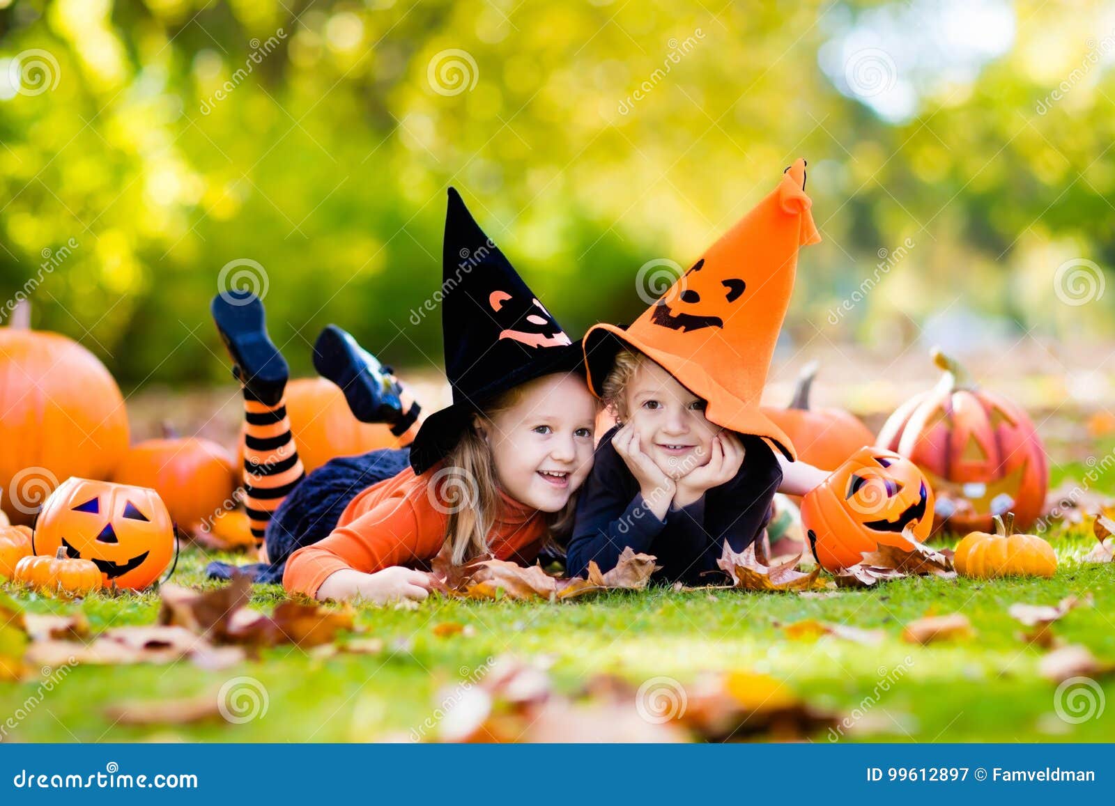 Kids with Pumpkins in Halloween Costumes Stock Image - Image of fall ...