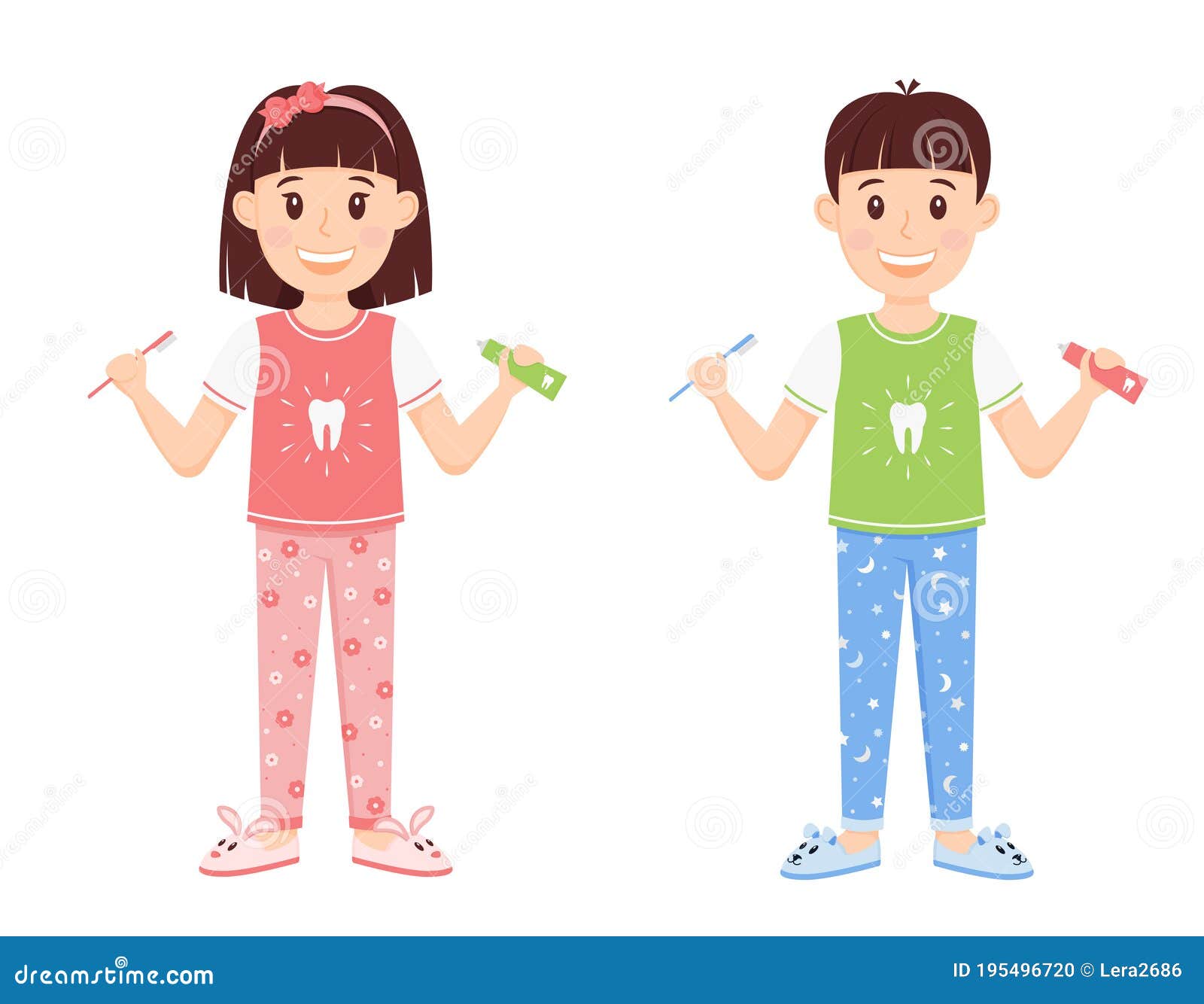 Children Boy and Girl in Pajamas Stand Holding Toothpaste and a Brush. Cute Cartoon  Characters are Smiling Stock Illustration - Illustration of concept,  medical: 195496720