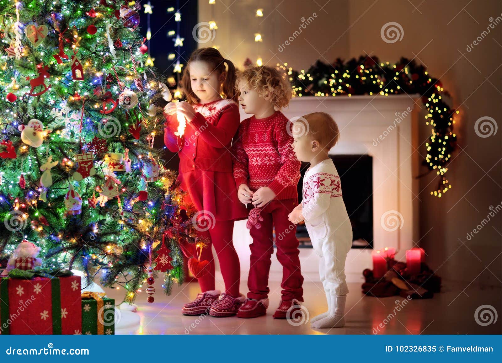 Children At Christmas Tree. Kids At Fireplace On Xmas Eve Stock Image - Image of kids, child ...