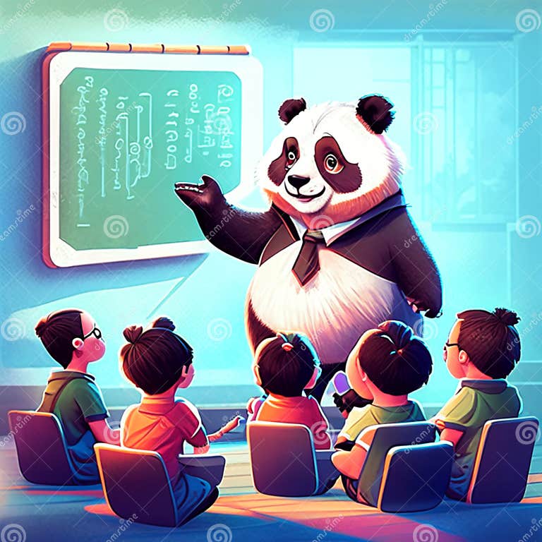 Children in a Classroom with a Giant Panda Teacher, Vector Illustration ...