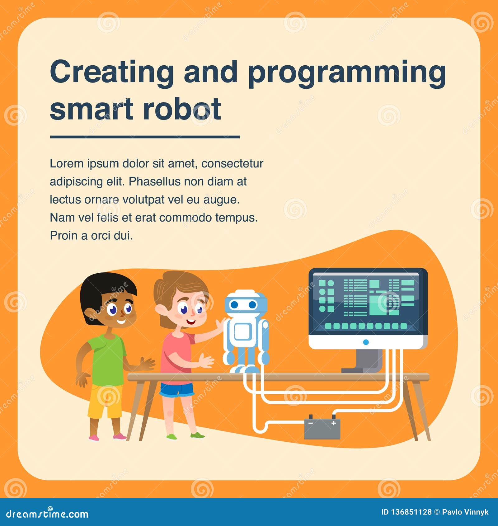 Children Creating and Programming Smart Robot. Stock Vector