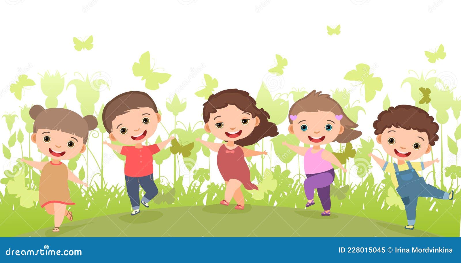 Children Dance Joy in the Meadow. Happy Childhood. Little Boys and Girls.  Kid Jumps for Joy. Nice Kid Stock Vector - Illustration of dance, enjoy:  228015045