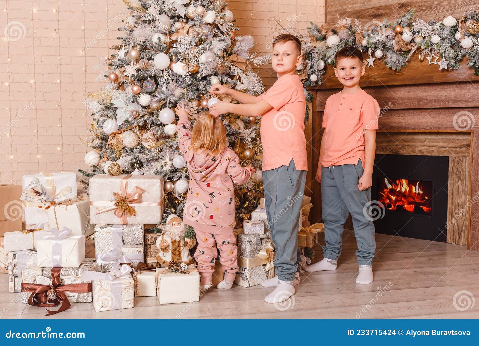 Children Decorate the Christmas Tree Stock Photo Image of child