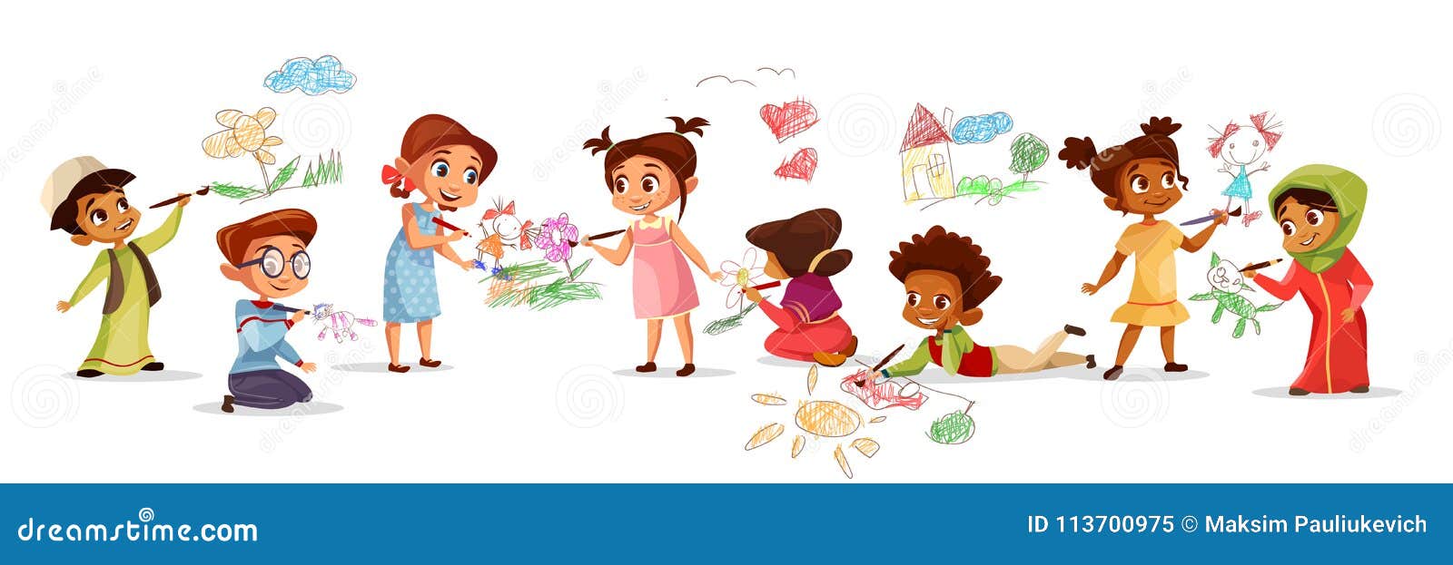 children drawing with pencils   of different nationality cartoon boys and girls kids painting with
