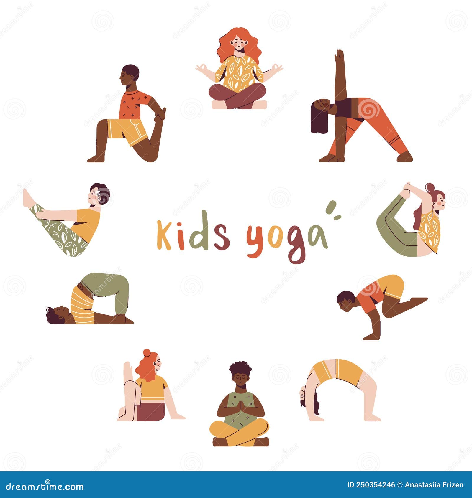 Children in Different Yoga Poses in the Circle. Kids Yoga Lettering ...