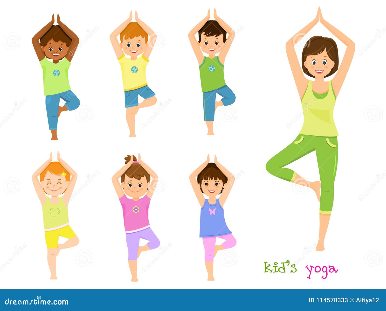 Children Do Yoga with a Yoga Instructor Stock Vector Illustration of