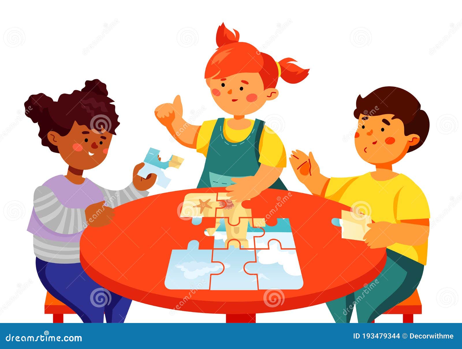 Children Doing a Puzzle - Colorful Flat Design Style Illustration Stock