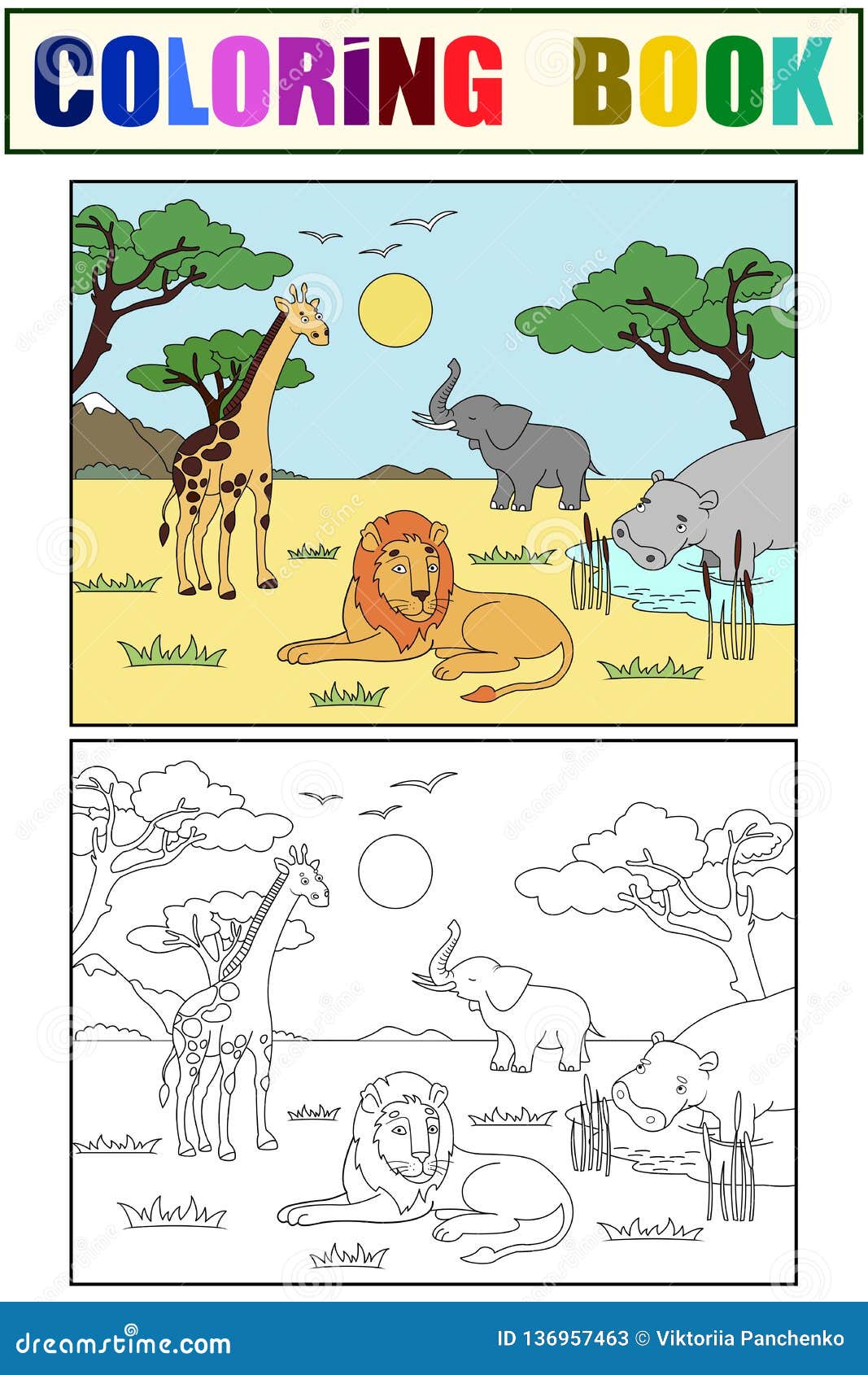 Children Drawing. Animals of Africa, Mainland Mammals, Zoo. Vector Color  and Black and White Coloring. Stock Vector - Illustration of character,  coloring: 136957463